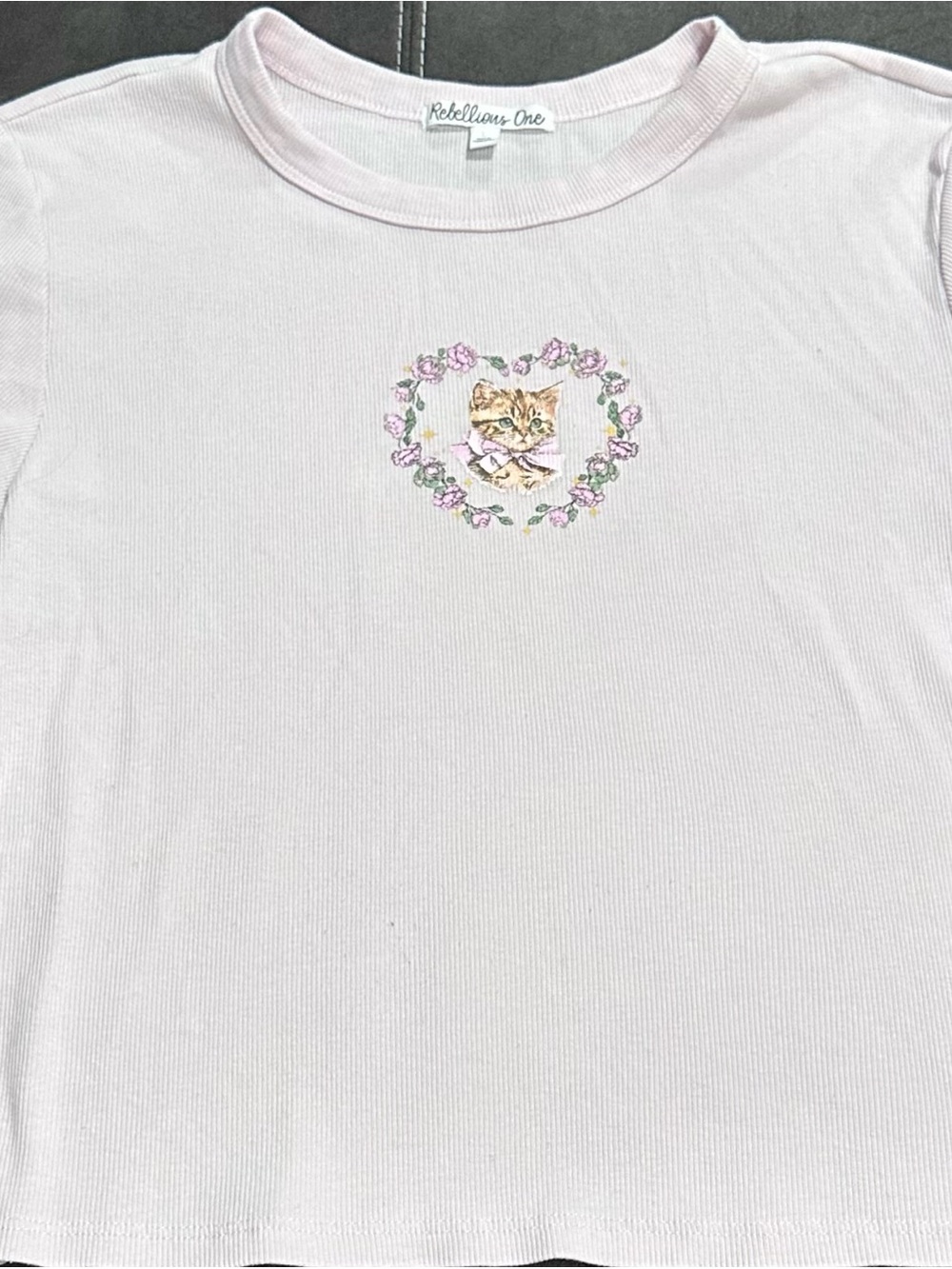 Rebellious One Light Pink Ribbed Tee with Kitten Heart Graphic